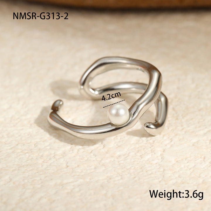 Geometric Abstract Design Irregular Asymmetric Stainless Steel Ring Color Matching Imitation Pearl Niche High Grade Ring