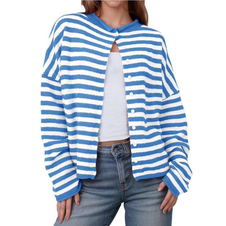 Autumn Winter Women Clothing Striped Contrast Color Sweater Long Sleeve Casual Cardigan