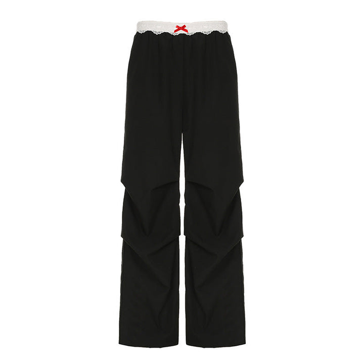 Street Stitching Lace Contrast Color Waist Head Women Summer Wide Leg Mopping Woven Trouser