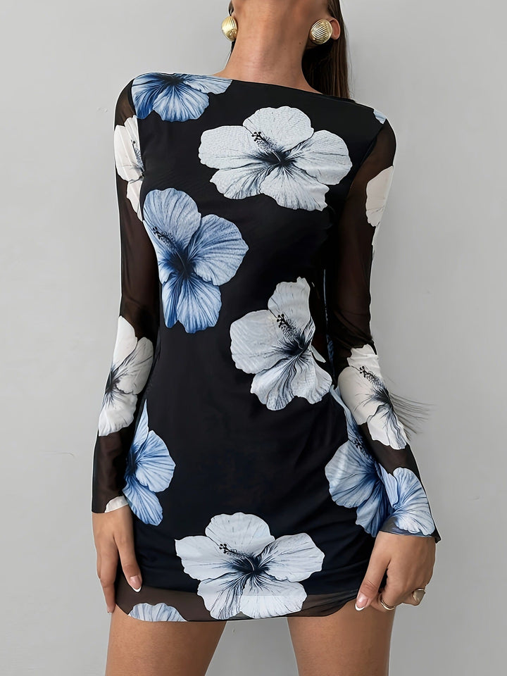 Printed Long Sleeve Dress Women Clothing Seaside Vacation Slim Floral Pattern round Neck Short Dress