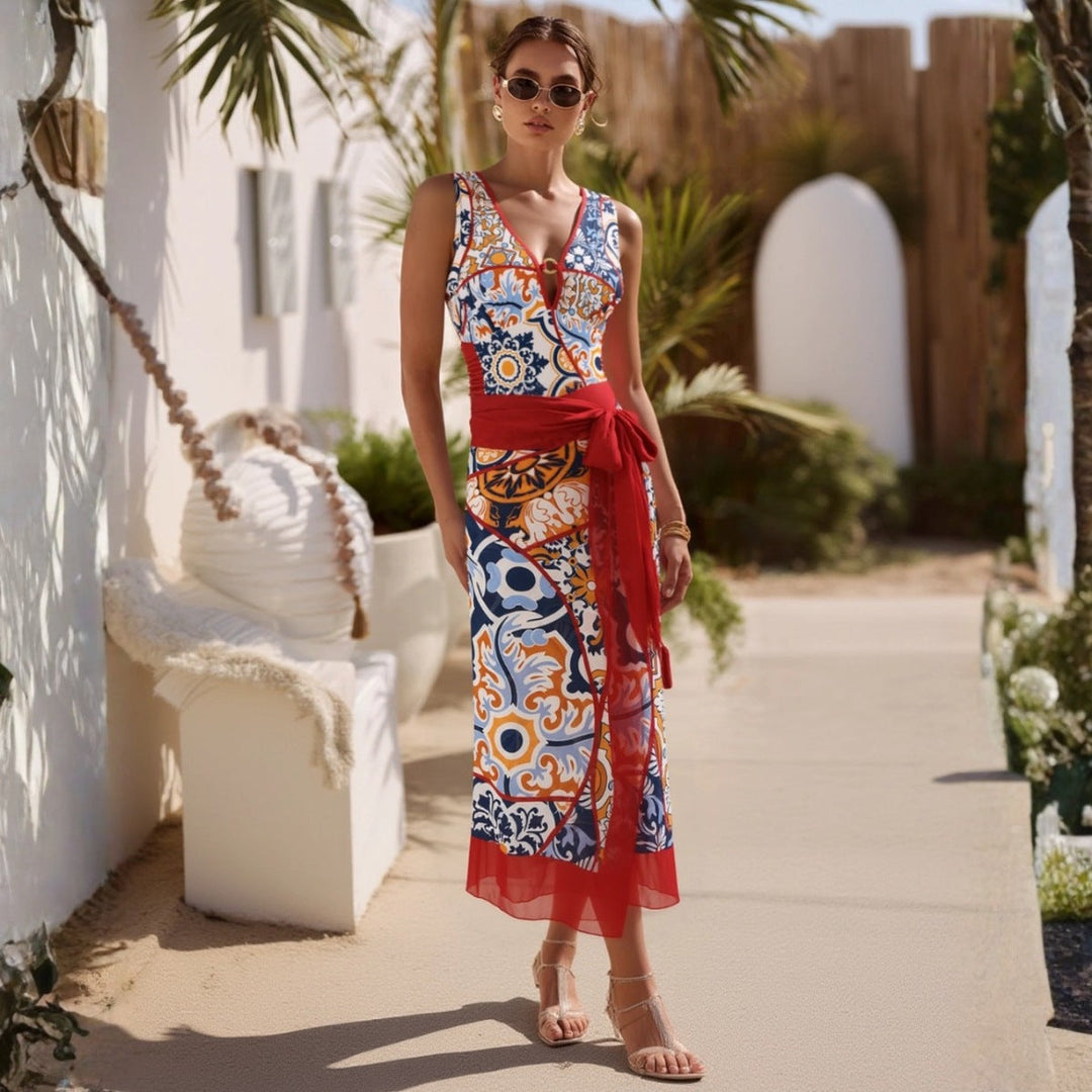 Swimsuit V neck Pattern Printed One Piece Swimsuit Women Wrap Skirt