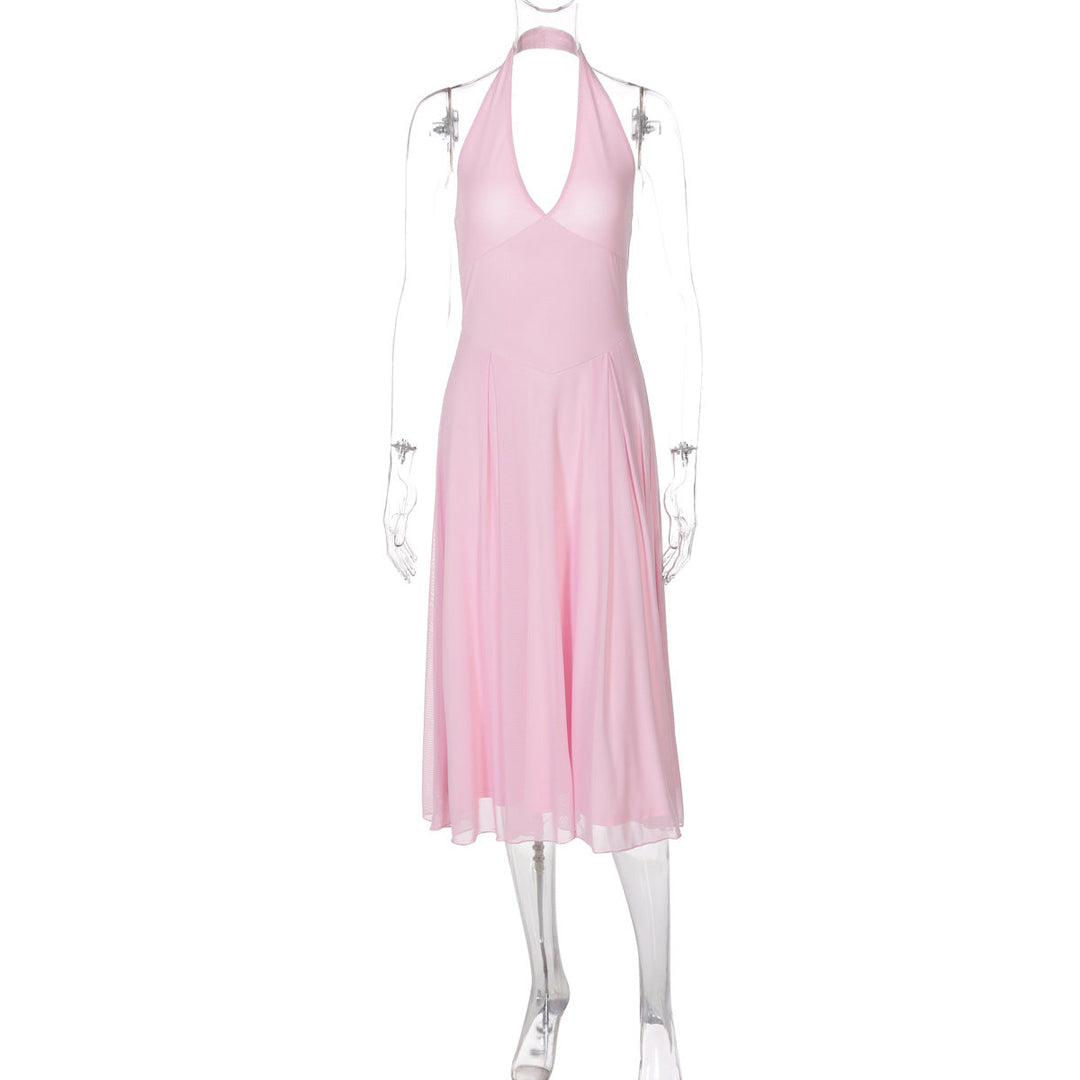 Women Clothing Summer Solid Color Halter Backless Gauzy Stitching Dress