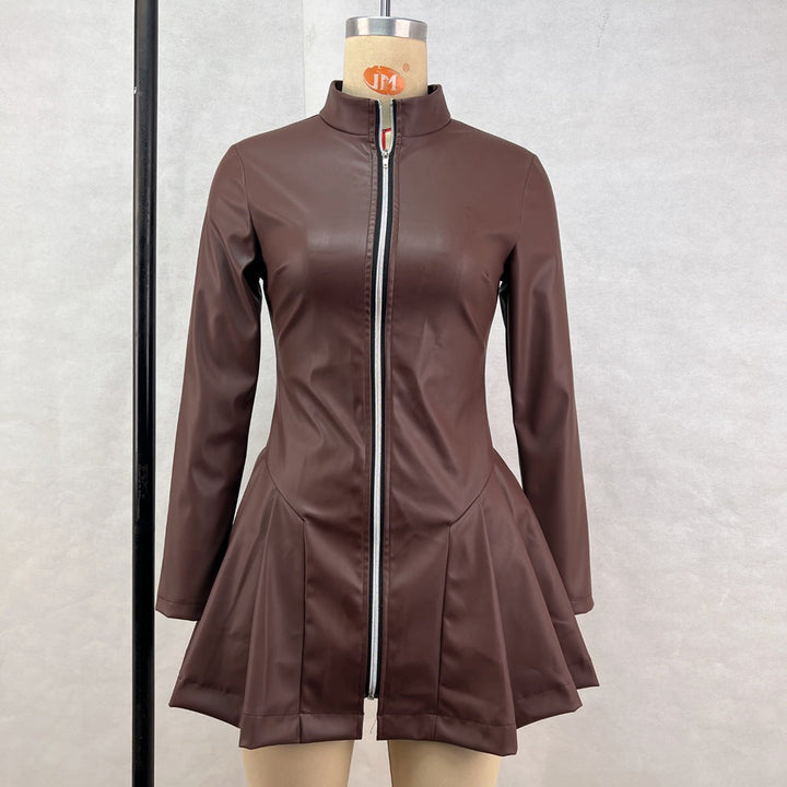 Women Fashionable Fitted Long Sleeve Pleated Faux Leather Zipper Dress