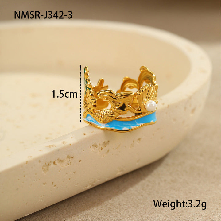 Arrival Ocean Mermaid Pearl Ring Stainless Steel Gold Plated Open Ring Niche Design Bracelet