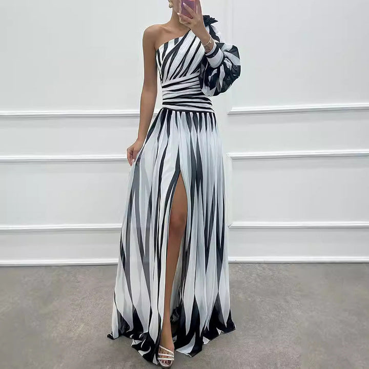 Spring Autumn Printed Diagonal Shoulder Split Dress Casual Loose Party Dress Dress