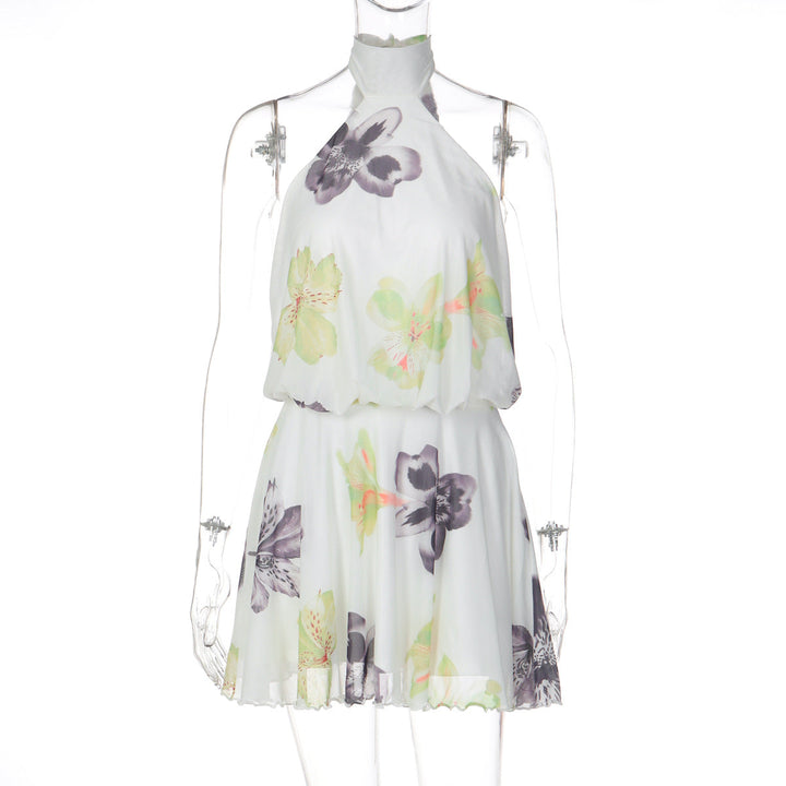 Women Clothing Summer Printed I Halter Fitted Waist Backless Lace up Dress
