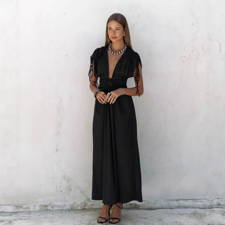 Summer Elegant Black Sexy Backless Deep V Plunge Lace up Slim Fit Short Sleeve French Dress Women
