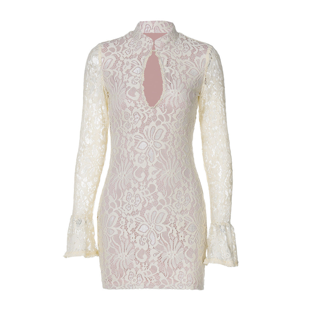 Women Clothing Winter Sexy Lace Cutout Package Hip Flare Sleeve Dress