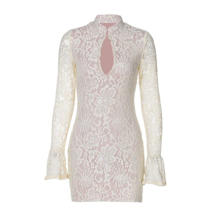 Women Clothing Winter Sexy Lace Cutout Package Hip Flare Sleeve Dress
