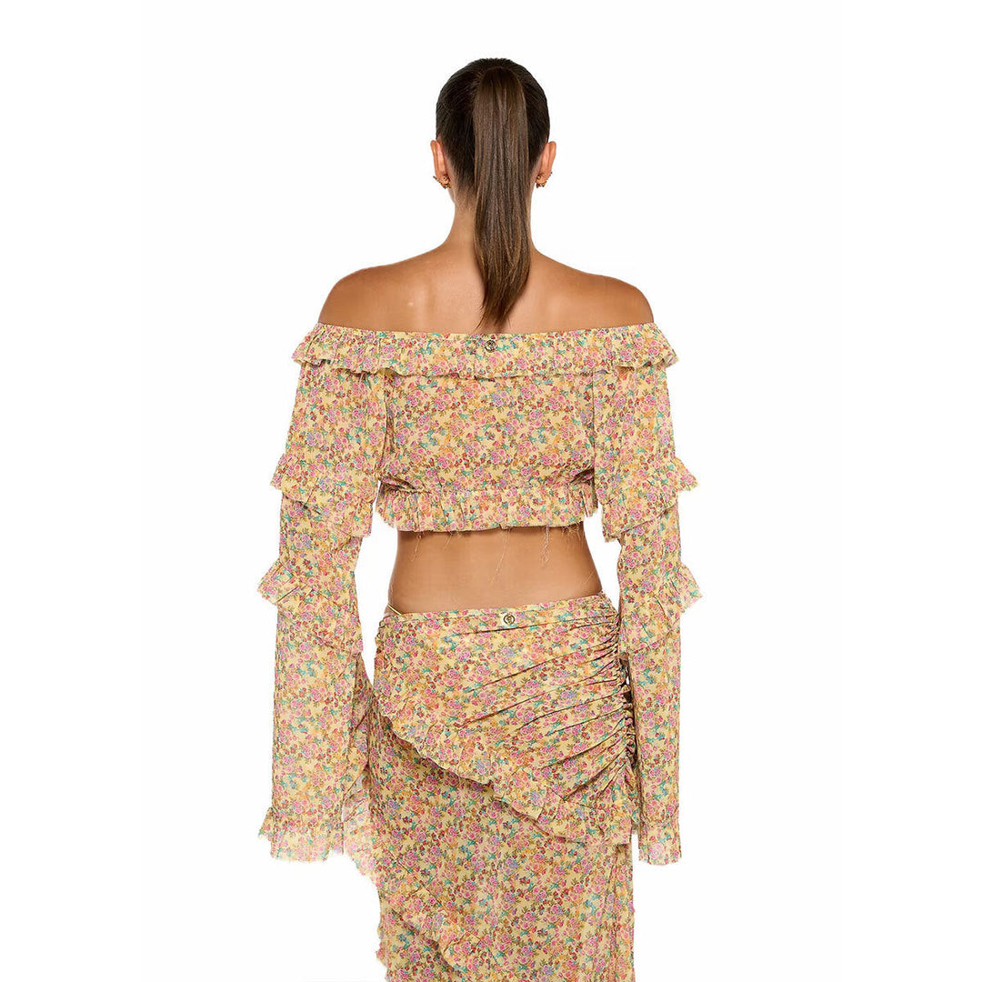 Chiffon Long Sleeve Split Beach Skirt Vintage Floral Split Skirt Sets Seaside Vacation