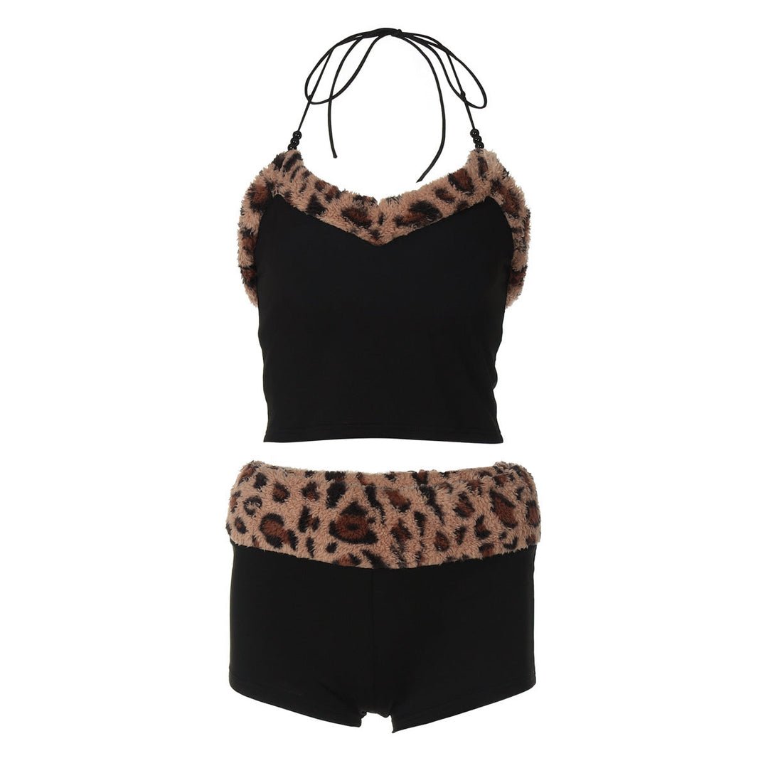 Women Clothing Summer Leopard Splicing Lace up Vest Slim Shorts Casual Set