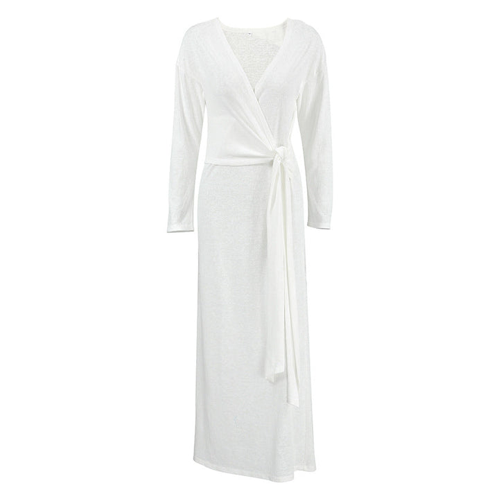 Autumn Comfort Loose Knitted Nightgown Breathable Long Sleeves Lace up Soft Outerwear Homewear