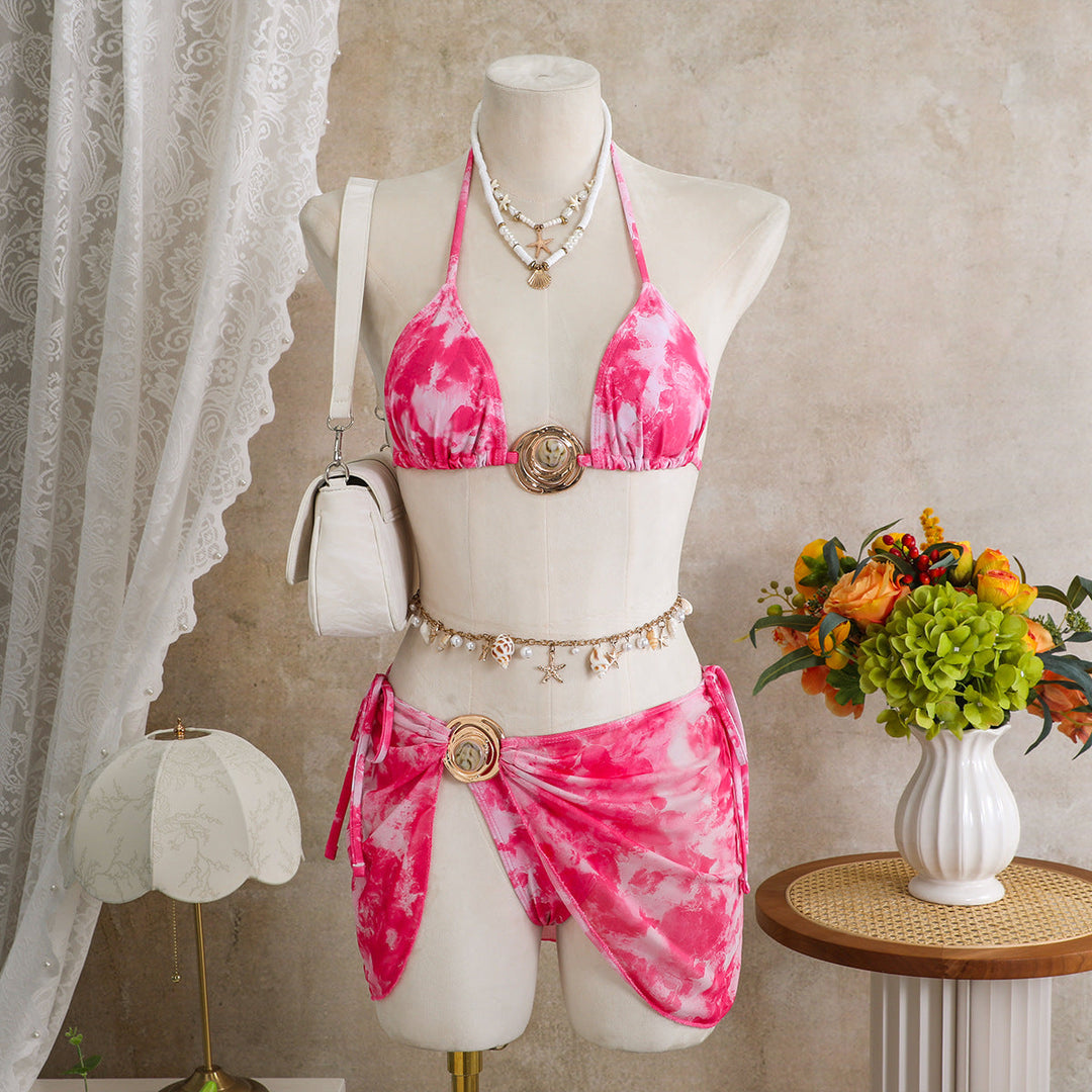 Sexy Tie Dyed Mesh Three Piece Swimsuit Holiday Halter Banded Bikini
