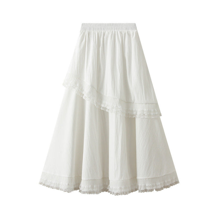 Lace Stitching Tiered Skirt Women Spring Elastic High Waist Slimming Draping Ruffled Large Swing Dress