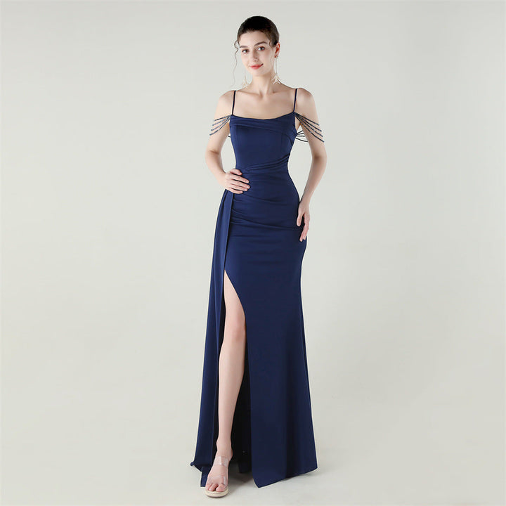 Bandeau Sling Satin Craft Beaded Chain Fishtail Evening Dress Dinner Wedding Ball