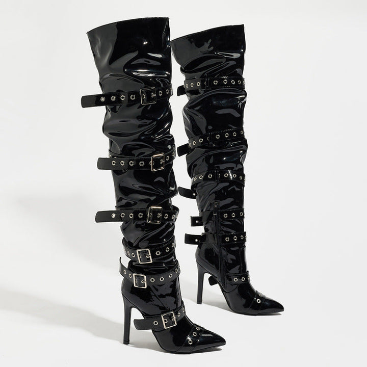 High Heel Zipper over the Knee Pointed Willow Ding Knight Boots Women Belt Buckle Locomotive Punk Stiletto Heel Long Tube