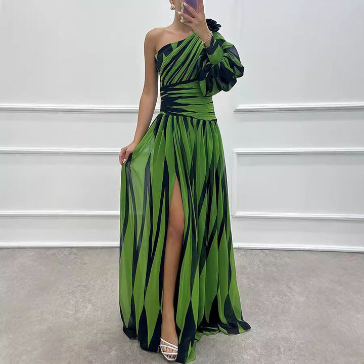 Spring Autumn Printed Diagonal Shoulder Split Dress Casual Loose Party Dress Dress