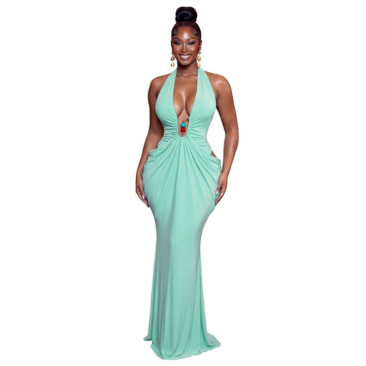 Women Clothing Elegant Halter V neck Sexy Backless Lace up Pleated Maxi Dress