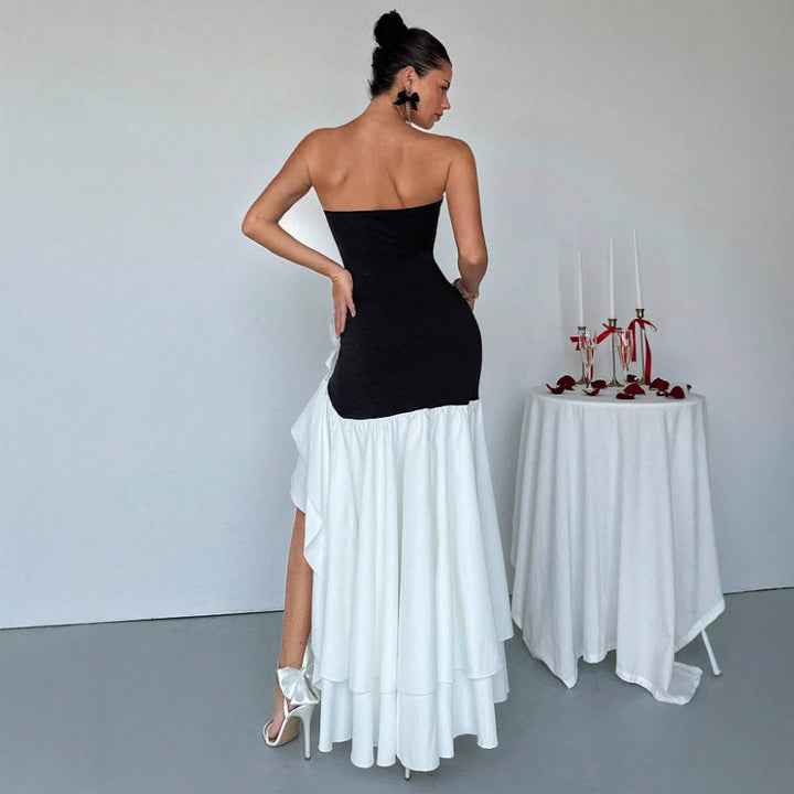Elegant Sexy Dress Black Tube Top Irregular Asymmetric Lace Dress