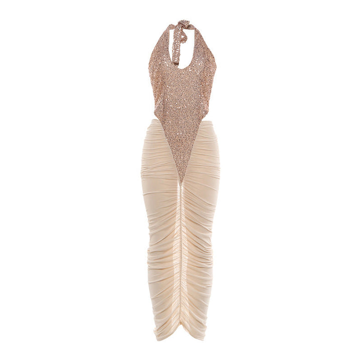 Autumn Winter Women Clothing Fashionable Sequ Stitching Sexy Mesh See through Ruffle Hip Dress