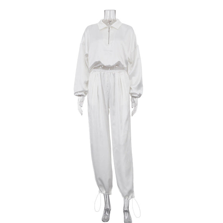 Elegant Women Clothing High Grade Satin Casual Women Long Sleeve Collared Top Ankle Banded Pants Two Piece Sets