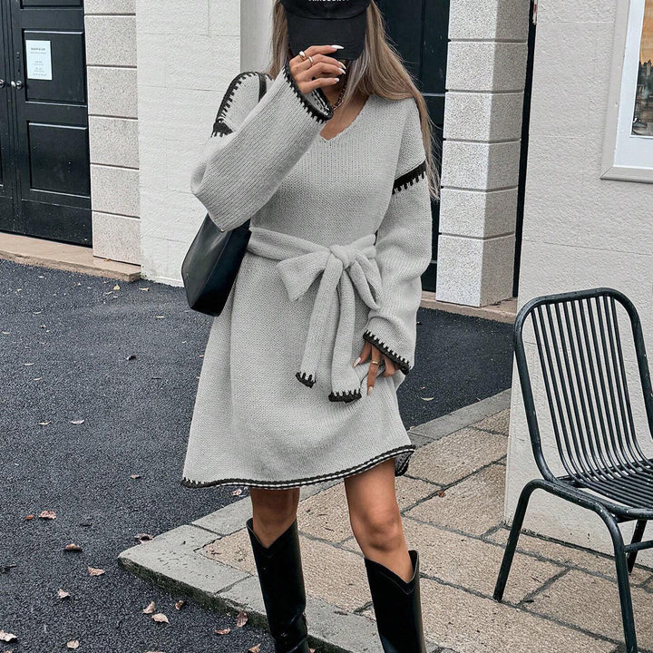 Idle Tie Waist Trimming Loose Knitted V neck Long Sleeve Fall Mid Length Dress Women