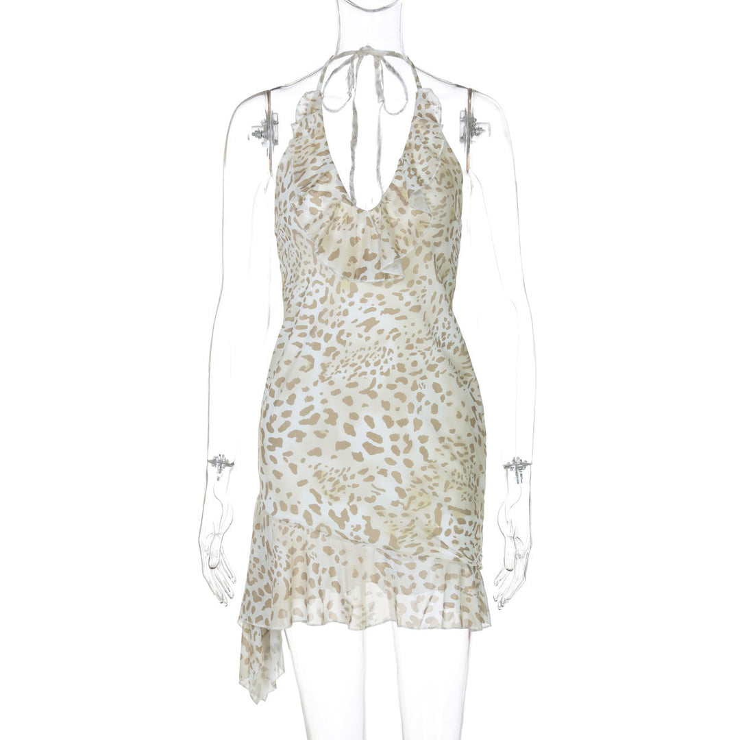 Summer Sexy Leopard Print Printed Sexy Deep V Plunge Sheath Wooden Ear Halter Dress Women