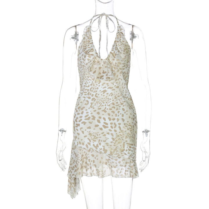 Summer Sexy Leopard Print Printed Sexy Deep V Plunge Sheath Wooden Ear Halter Dress Women