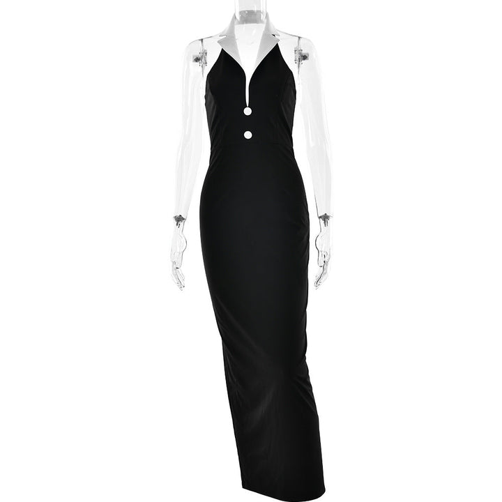 Spring Summer Elegant Collared Dress Sexy Backless Slit Slimming Dress