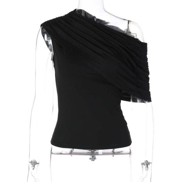 French Women Summer Waist Controlled Oblique Shoulder Pleated Shoulder T shirt Top