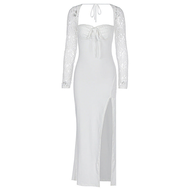 Autumn Women Wear Low Cut Self Tie Lace Slim Fit Slit Sexy Dress