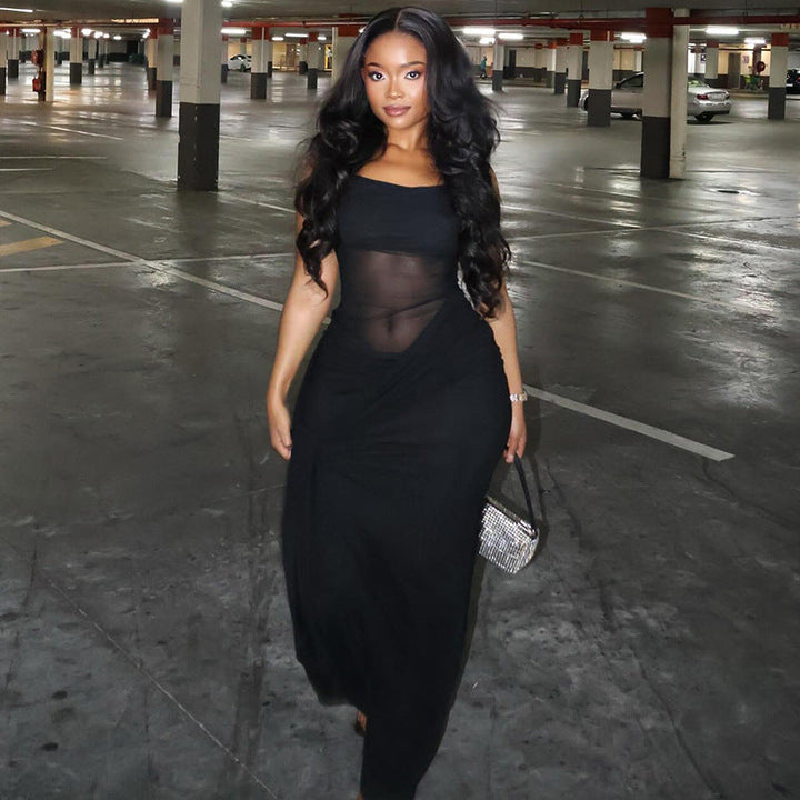 Women Clothing Solid Color Design Slightly Revealed Cropped Hip round Neck Slim Street Maxi Dress