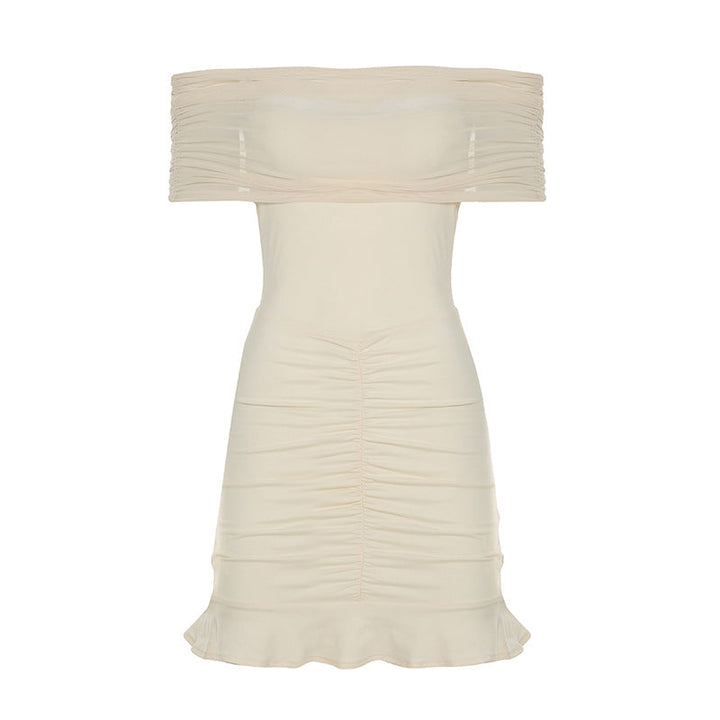 Women Clothing Ruffle Hip Ruffled Mesh Outerwear Strapless Dress Slim Dress