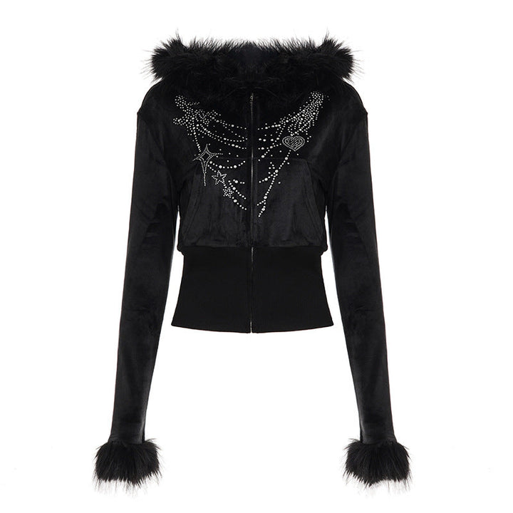Autumn Winter Casual Furry Long Sleeved Zipper Sweater Coat Letter Graphic Rhinestone Sweatpants Two Piece Sets