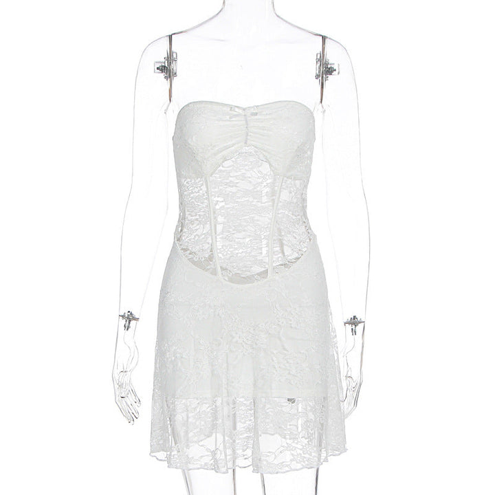Summer Women Sexy Lace Stitching Tube Top Slim Fit See through Dress