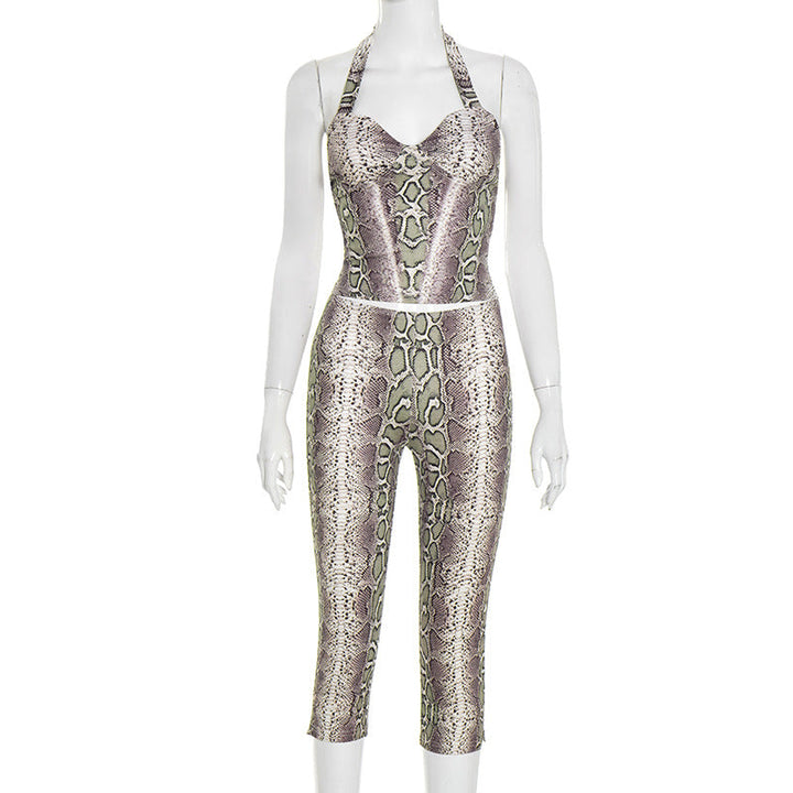Women Clothing Autumn Snake Print Halter Sleeveless Top Slim Trousers