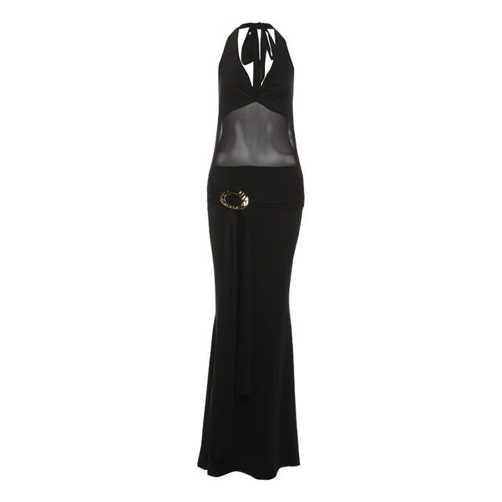 Fall Women Clothing Sexy Mesh Stitching Semi See through Slim Fit Halter Tied Dress Women