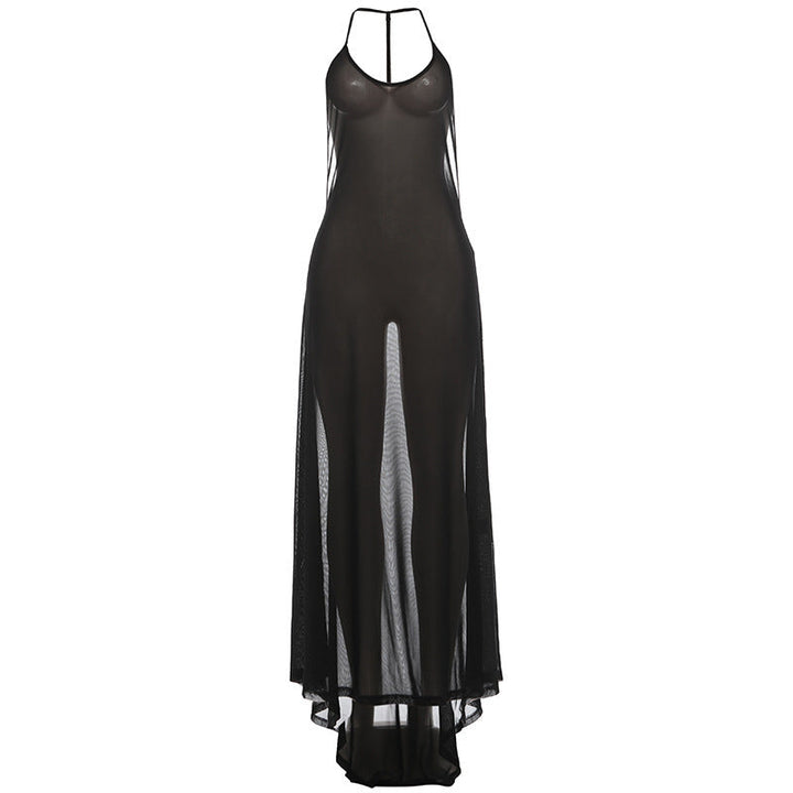 Women Spring Clothing V neck Halter Mesh Backless Sexy Solid Color Dress