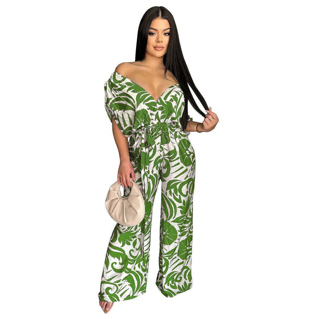 Women Clothing off the Shoulder Batwing Sleeve Wide Leg Printed Jumpsuit