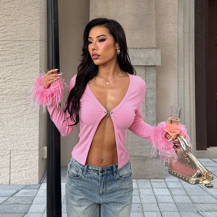 Sexy Deep V Plunge neck Long Sleeve Ostrich Feather Pink Cardigan Autumn Sexy All Match Top