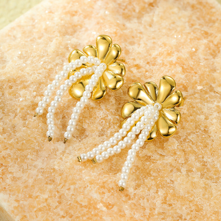 All Match Fashionable Stainless Steel Floral Pearl Tassel Titanium Steel Gold Plated Stud Earrings for Women