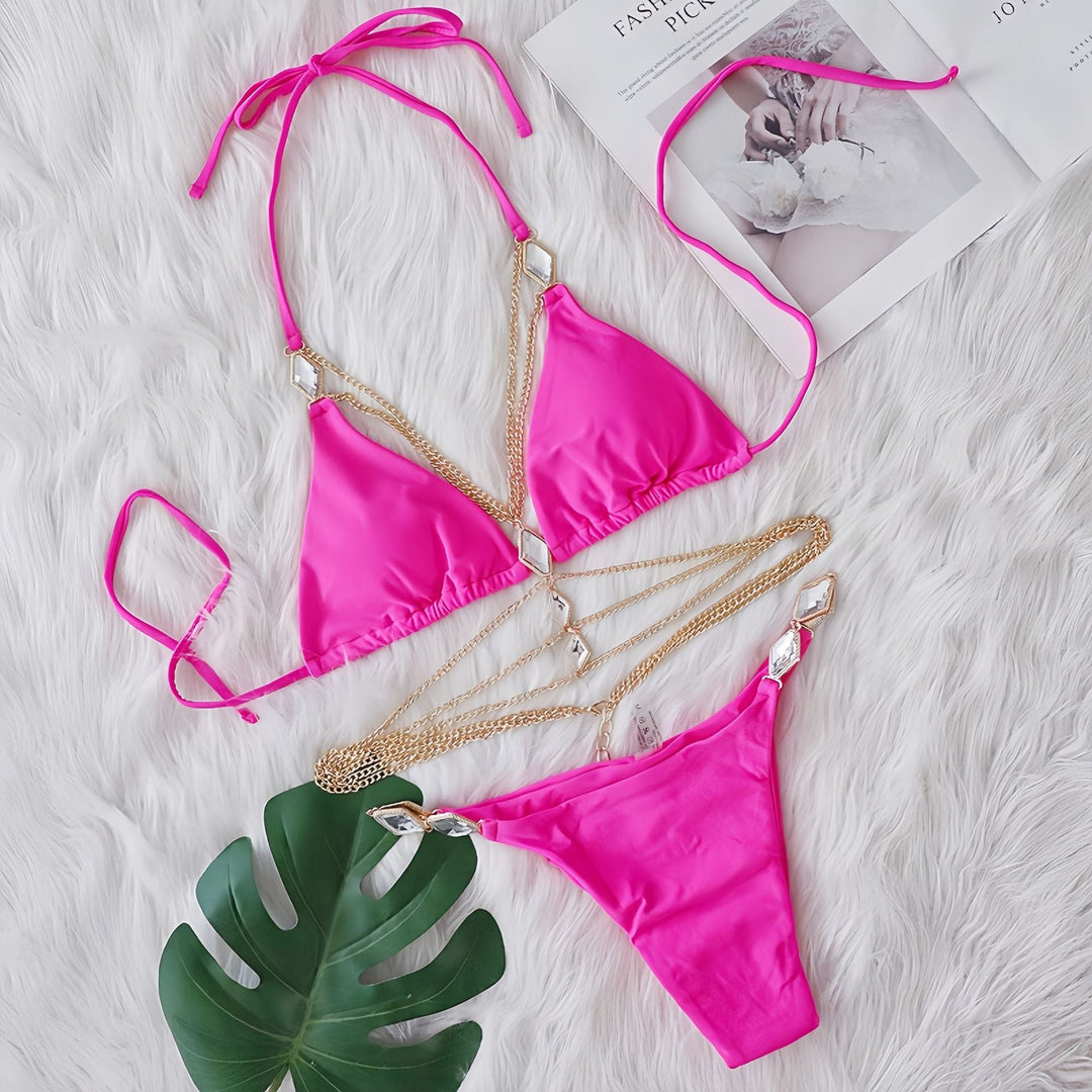 Sexy Bikini Crystal Diamond Body Cha Decorative Swimsuit Strap Split Beach Swimsuit