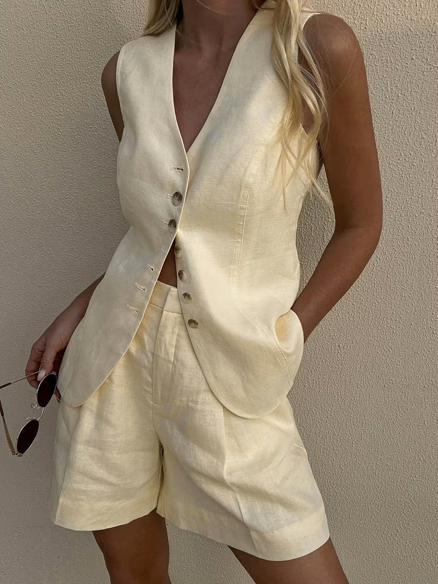 Cotton Linen Vest Shorts Set Summer Office Vest Shorts Set Casual Women