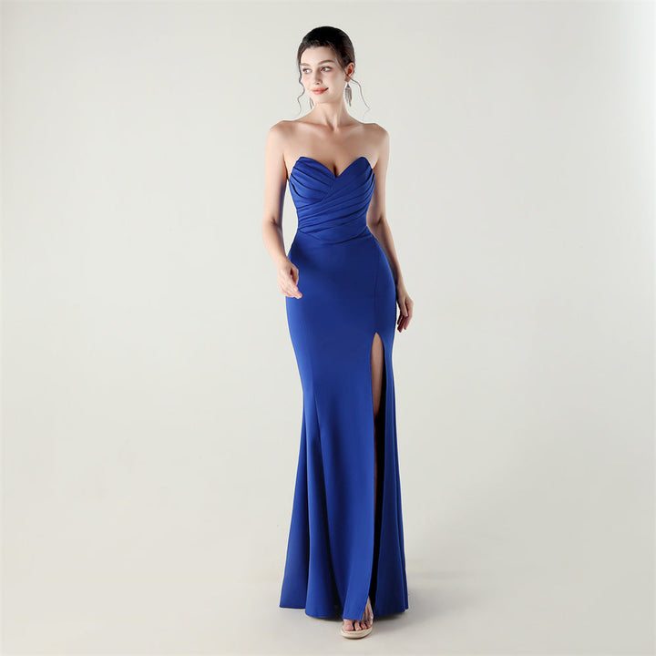 Wrapped Chest Folding Heart Shaped Collar Evening Dress Back Cross Strap Slimming Cocktail Bridesmaid Dress