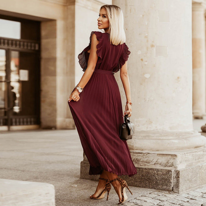 Elegant Beach Dress Fashionable Slim Fit Sexy Ruffle Sleeve Chiffon Pleated Solid Color Dress