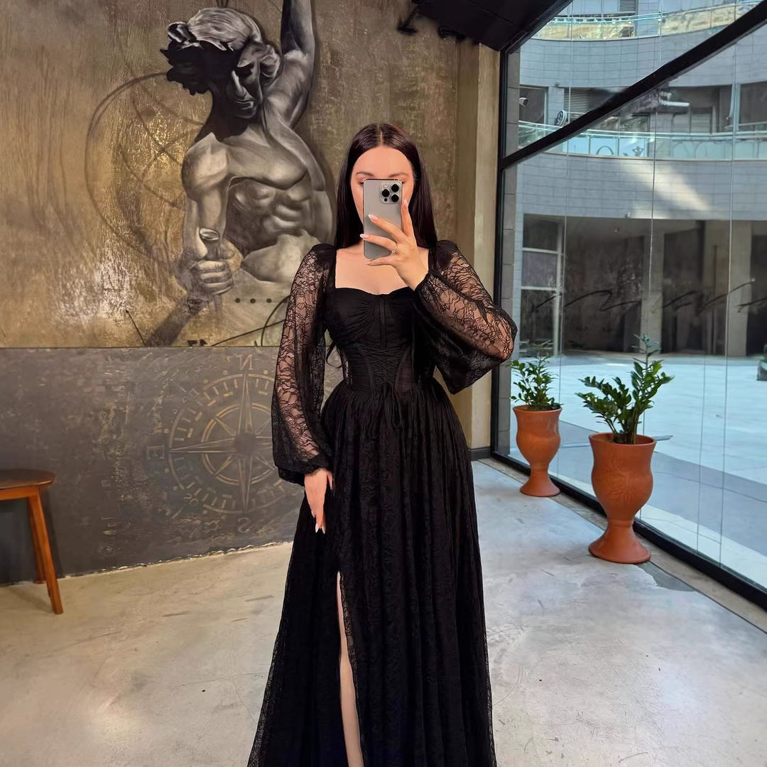 Lace Waist Controlled Long Sleeves Dress Elegant Dress