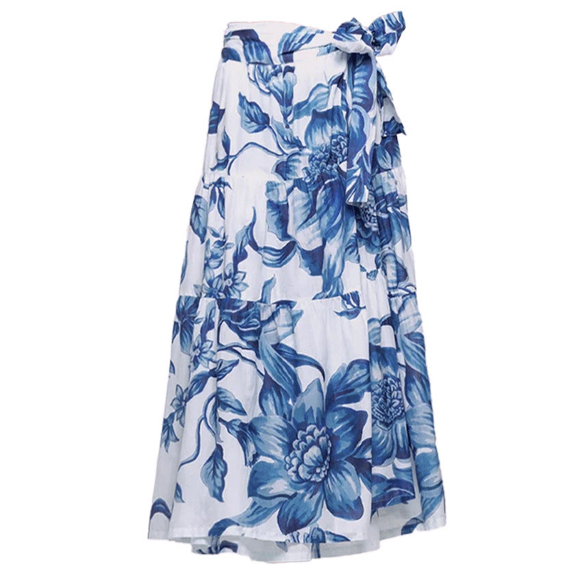 Swimsuit Blue Color Floral Vacation Swimsuit Women Long Skirt