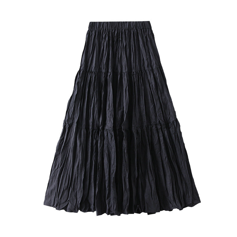 Retro Draped Dress Big Swing Mid Length Skirt Autumn Patchwork Tiered