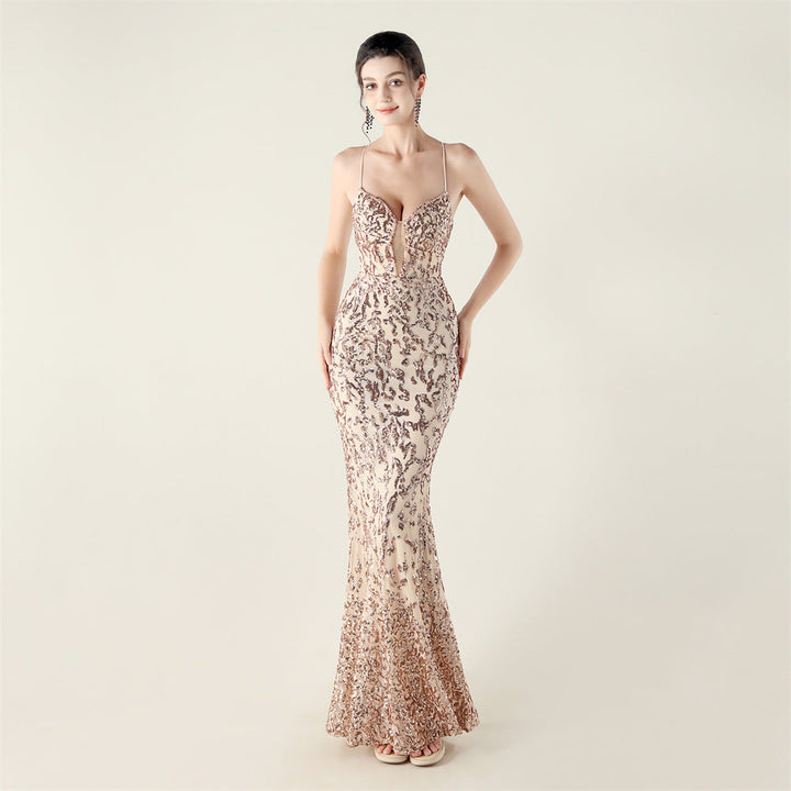 Beaded Embroidery Sequined Waist Trimming Lace up Deep V Plunge Heart Strap Evening Dress Cocktail Party