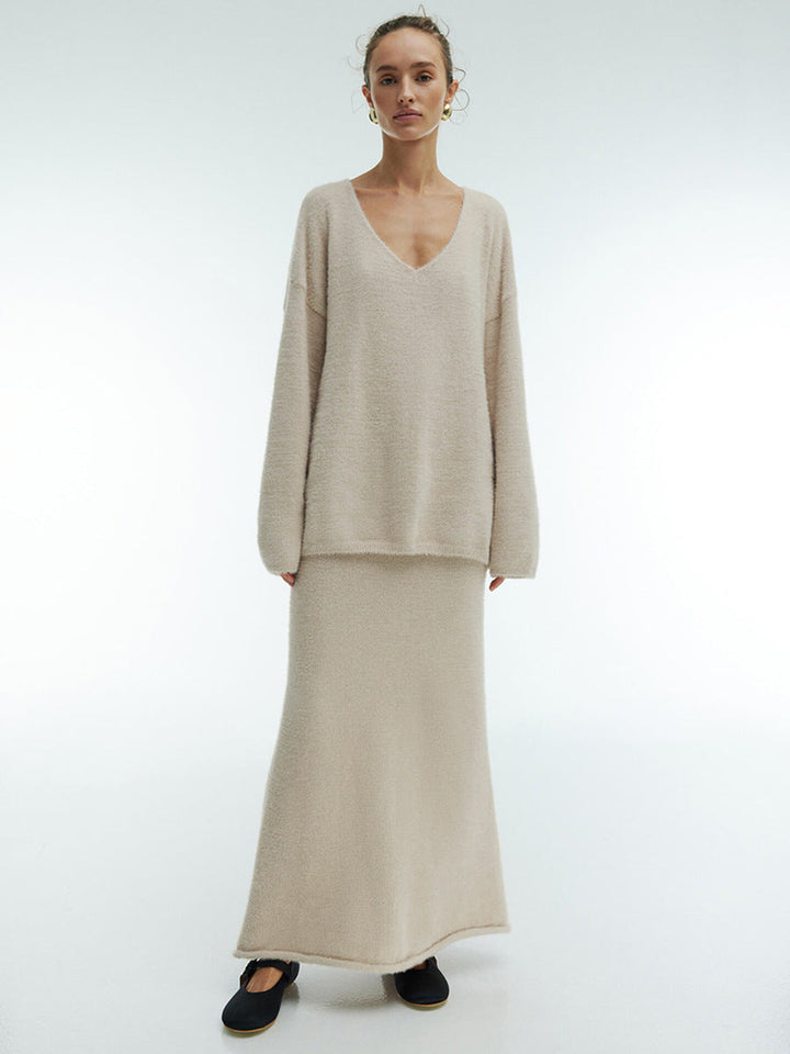 Sweater Suit Women Autumn Winter Office Simple Knitting V Neck Sweater Skirt Set